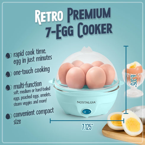 Nostalgia Retro Electric Large Hard-Boiled Egg Cooker, 7 Capacity, Poached, Scrambled, Omelets, Whites, Sandwiches, for Keto & Low-Carb Diets, Aqu...