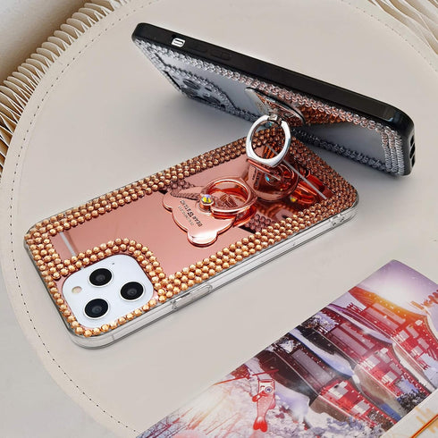 LUVI Mirror Case for iPhone 12/iPhone 12 Pro 6.1 inch Bling Diamond Glitter Case with Bear Ring Holder Kickstand Stand Rhinestone Crystal Cute for...