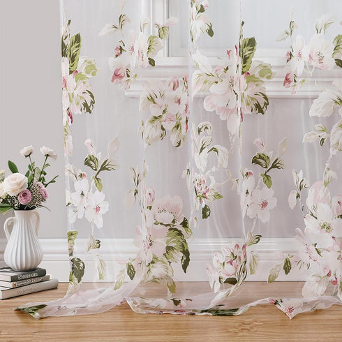 BROSHAN Pink Floral Sheer Curtains 78 Inches Long for Living Room, Pretty Flower Print Bedroom Curtain Sheers Transparent Window Curtains 2 Panels...
