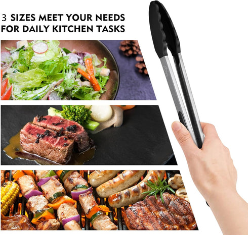 HOTEC Premium Stainless Steel Locking Kitchen Tongs with Silicon Tips, Set of 3-7", 9" and 12" (Black)...
