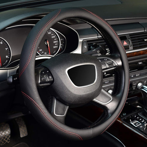 KAFEEK Microfiber Leather Steering Wheel Cover, Universal 15 inch, Red Lines...