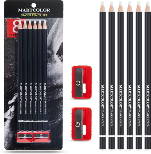Professional Eraser Pencil Set, 6pc Eraser Pencils and 2pc Sharpener, Erasing Small Details or add Highlights for Sketching, Charcoal Drawings. Fi...