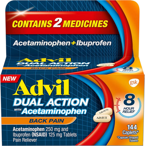 Advil Dual Action Back Pain Caplets Delivers 250mg Ibuprofen and 500mg Acetaminophen Per Dose for 8 Hours of Back Pain Relief - 144 Count...