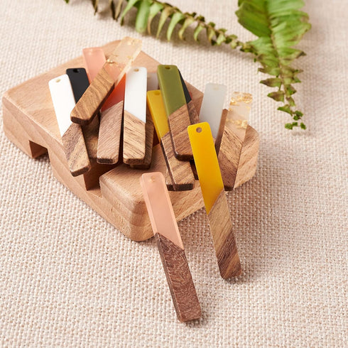 Beadthoven 18pcs/9 Pairs Natural Wood Resin Rectangle Bar Charms Bohemian DIY Earrings Pendants Mixed Colors Vertical Bar Wooden Pieces Pendants f...