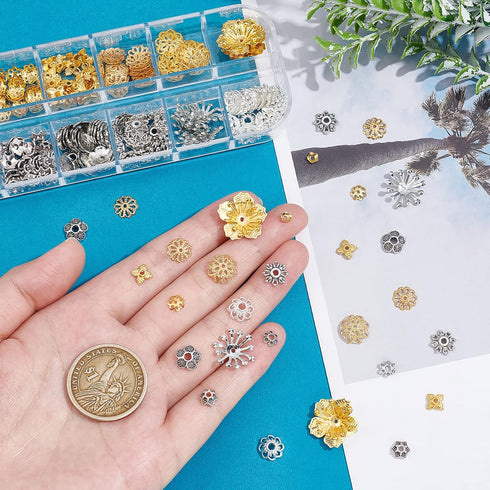 PH PandaHall 278Pcs Bead Caps, 12 Styles Flower Bead Cap Spacers Brass & Alloy Bead Cap Bails End Charm Caps Spacer Beads for Earring Bracelets Ne...