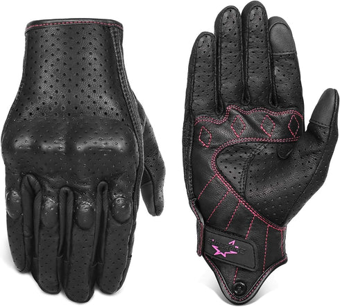 Women ’s Touchscreen Motorcycle Gloves Full Finger Black Leather Armored Ladies Motorbike Gloves (G01W-Black Leather with Rose Line, M)...