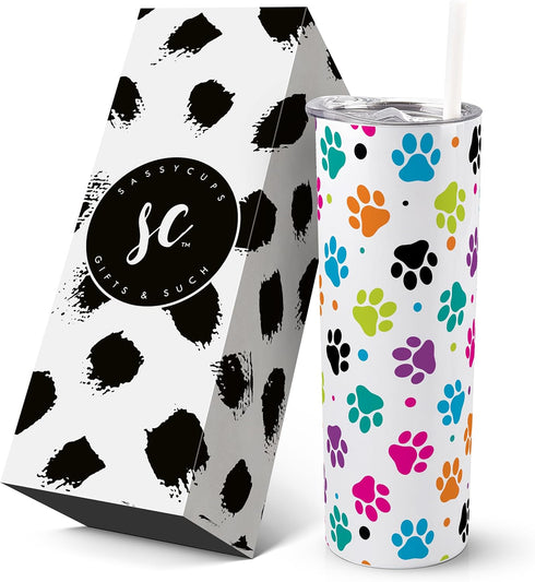 SassyCups Vacuum Insulated Stainless Steel Dog Paw Print 20 oz Tumbler with Straw and Lid...