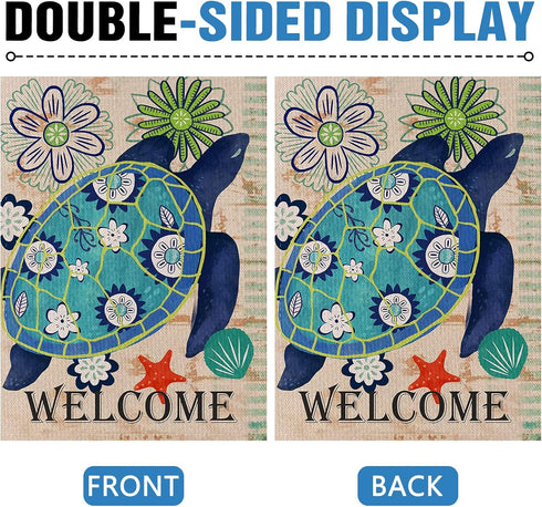Home Decorative Welcome Quote Outdoor Turtle Beach Garden Flag Double Sided, Tropical Ocean House Yard Flag, Rustic Coastal Garden Yard Nautical S...