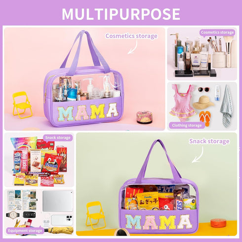 Chenille Letter Patch Clear Makeup Bag, Preppy Nylon Makeup Bag with Handle and Zipper, Waterproof Large Clear Travel Toiletry Bag Storage Bag for...