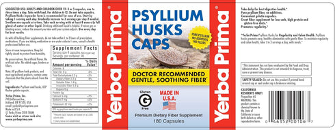 Yerba Prima Psyllium Husk Caps - 180 Capsules (Pack of 2) - Easy to Swallow Fiber Supplement - Colon Cleanse - Gut Health - Non-GMO Gluten Free...