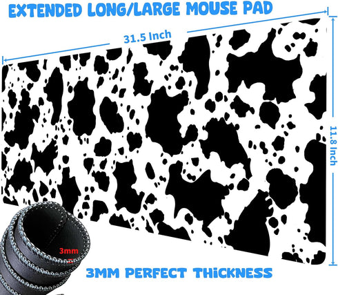 Cow Print Mouse Pad Large with Stitched Edges 31.5 x 11.8, Extended Desk Pad Desk Mat for Desktop Decor and Accessories Workplace Home XXL Mouse P...