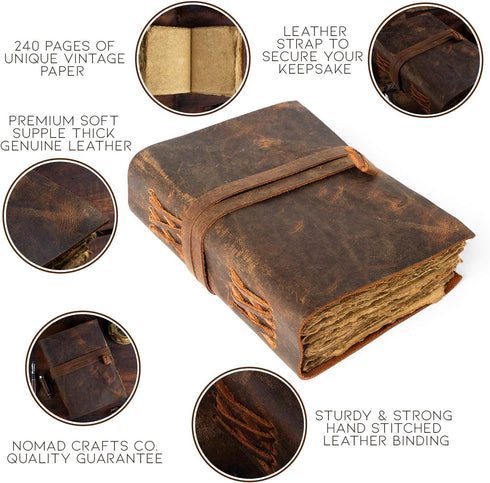 Leather Journal-Vintage Leatherbound Journal - Handmade Antique Deckle Edge Paper - Leather Sketchbook - Book of Shadows Journal - Thick Journal -...