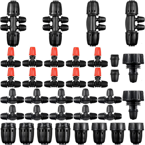 36 Pcs 1/2" to 1/4" Drip Irrigation Fittings Kit Barbed Tee Connector 2 4 6 Way Locked Tee Easy Connector Tubing End Plug Misting Nozzle Irrigatio...