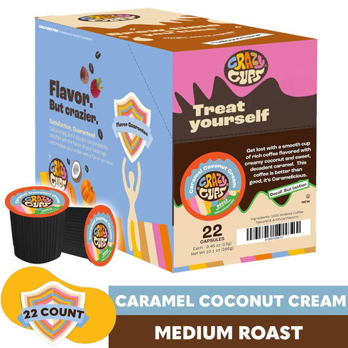 Crazy Cups Decaf Flavored Coffee Pods, Decaffeinated Coconut Caramelicious Flavored Coffee, Single Serve Hot or Iced Medium Roast Coffee for Keuri...