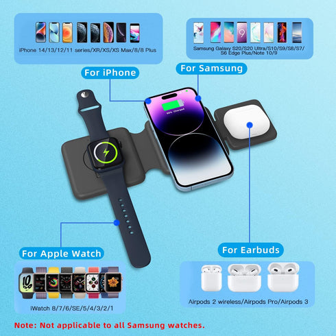 Wireless Charger 3 in 1,Wireless Foldable Charging Station,Magnetic Fast Wireless Charging Pad Compatible with iPhone 15/14/13/12 Pro Max,Apple Wa...