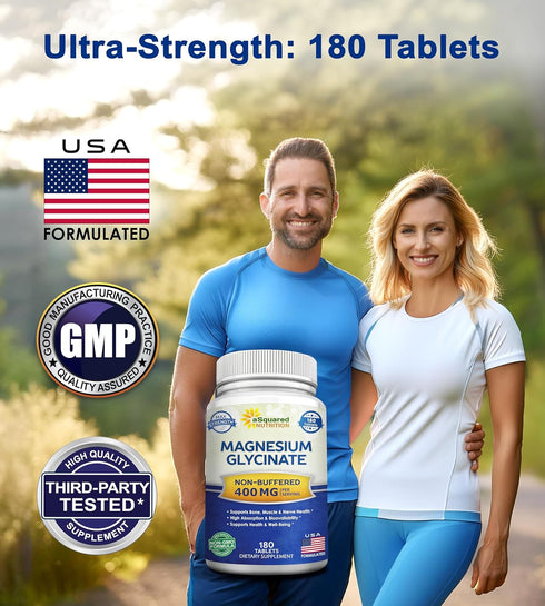 aSquared Nutrition Magnesium Glycinate 400mg - 180 Tablets - Max Strength Magnesium Bisglycinate Supplement -Maximum Bioavailability & Absorption-...
