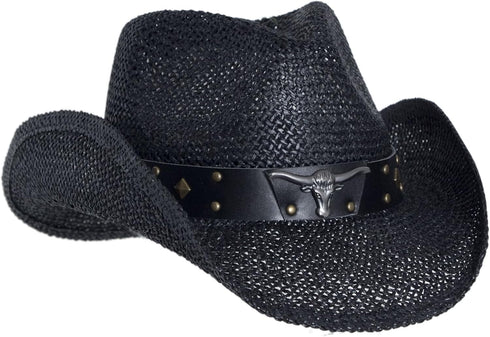 Black Straw Cowboy Hat for Men, Faux Leather, Longhorn, Shapeable Brim...