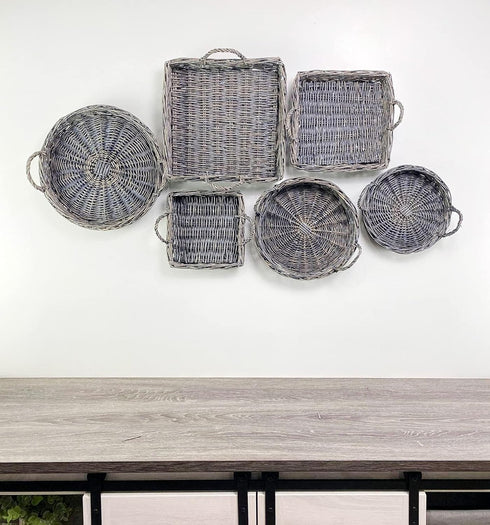 AuldHome Design Rustic Willow Basket Trays, Set of 3 (Round, Gray Washed); Natural Wicker Decorative Farmhouse Trays...