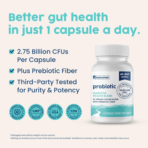 NativePath Daily Probiotic, 10-Strain Custom Blend Probiotics Supplement for Men and Women, 82 Billion CFUs - 45 Count...