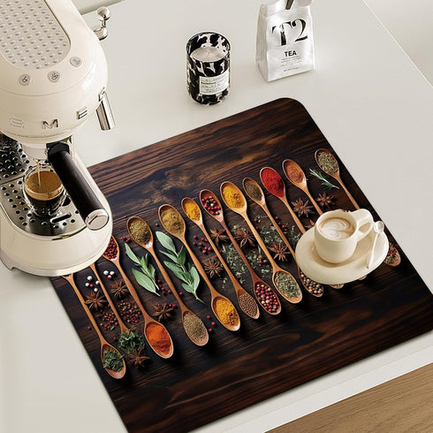 Kitchen Spices Dish Drying Mat - Delicious Spices Art Absorbent Dish Drying Mat for Kitchen Counter, Coffee Bar Mat, Coffee Maker Mat for Countert...