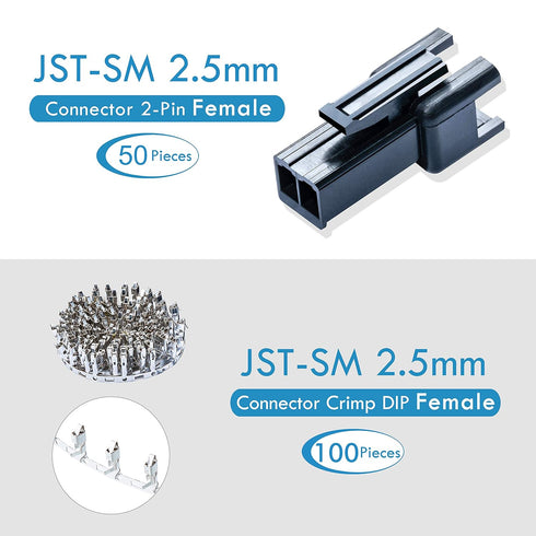 JST SM 2.5 mm Pitch 2-Pin JST Connector IC Male Plugs, Female Sockets Housing and Male/Female T-Shaped Crimp Terminal Connector. 50 Sets/300 Piece...