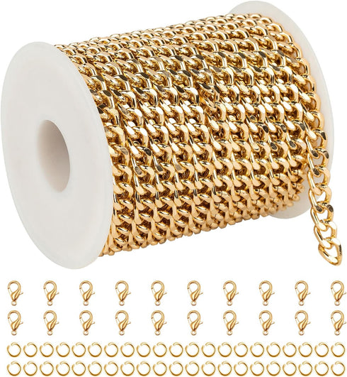 YOUBEIYEE 33 Feet Gold Cuban Link Chain for Men and Women Necklace DIY Gold Plated Aluminum Jewelry Chains Bulk with Jump Rings and Lobster Clasps...