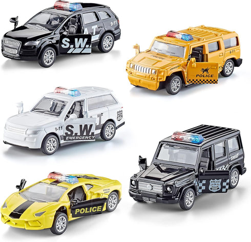 Die Cast Metal Little Toy Cars Set of 5, Openable Doors Pull Back Car Gift Pack for Kids (Police car)...
