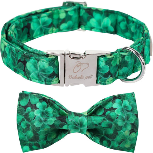 St.Patrick's Day Clover Dog Collars with Bow Tie,Green Abstract Clover Soft Cotton with Safety Metal Buckle Adjustable Puppy Collars for Small Boy...