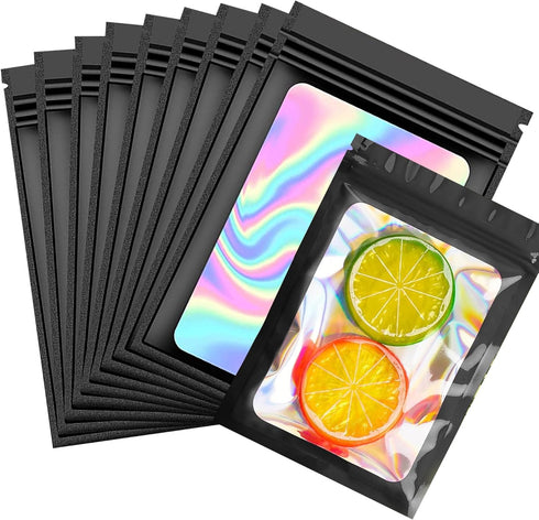 100 Pieces Smell Proof Bags Holographic Piecesaging Bags Storage Bag with Clear Window for Food Storage (Black Color,2.4 * 3.9 Inch)...