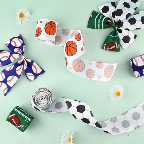 4 Rolls 20 Yards Sports Themed Wired Edge Ribbon, 2.5" Football Baseball Basketball Soccer Printed Burlap Ribbon for Birthday Sports Camp Party De...