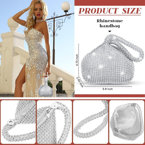 Meanplan Silver Bling Clutch Purse Rhinestone Jewelry Set 4 Pieces Crystal Dangle Fringe Earrings Bridal Wedding Choker Necklace Bracelet and Even...