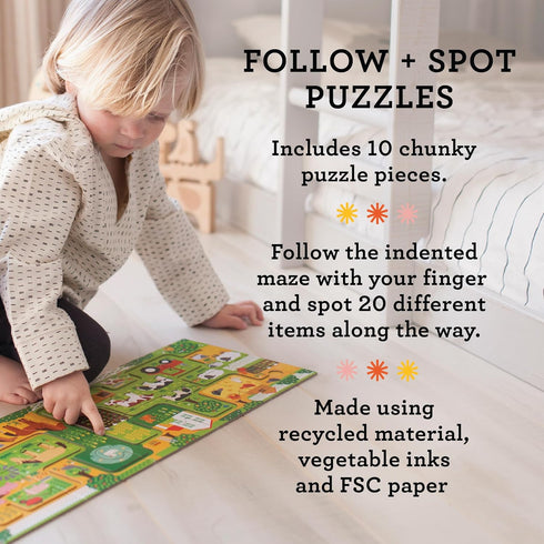 Petit Collage Follow + Spot Puzzle, Around Town, 10-Pieces – Large Puzzle for Kids, Completed Educational Puzzle Measures 21”x 8.5” – Makes a Grea...