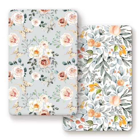 GRSSDER Stretchy Ultra Soft Jersey Knit Fitted Pack n Play Sheets Set 2 Pack, Portable/Mini Crib Sheets for Girls, Watercolor Flowers and Fruits...