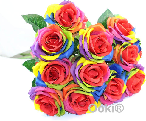 Ooki 12 Long Stem Artificial Silk Rainbow Rose Flower Bush Bouquet for DIY Any Arrangement Home Decor Wedding Party Celebration...