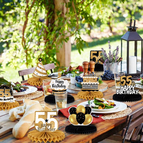 LINGTEER Happy 55th Birthday Table Honeycomb Centerpieces Cheers to 55th Birthday 55 Years Old Party Table Decorations Gift Sign....