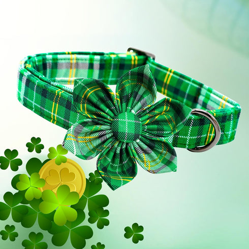 Lionheart glory St. Patrick's Day Dog Collar with Flower Dog Collar for Medium Dogs, Green Plaid Collars Spring Dog Collar Flower Pet Collar Bows ...