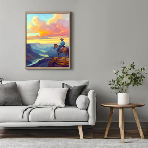 Posterizer 1 pcs-vibrant painting style art-cowboy on horse in the wild 1-Western Art-Men's Art Collection-Living Room Bedroom Decor- unframed wal...