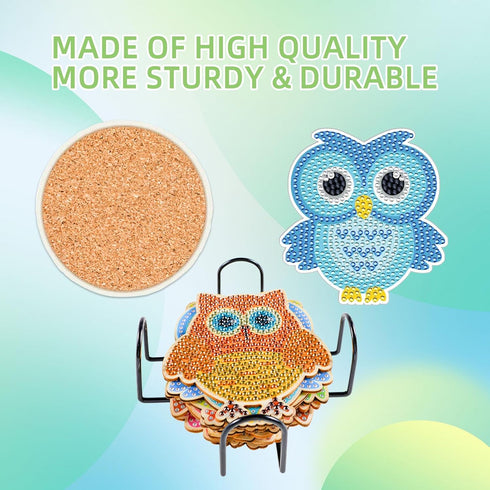 Fsnjcz 10 Pcs Owl Shaped Diamond Painting Coasters Kits with Holder DIY Owl Diamond Painting Coasters Kits Owl Diamond Painting Coasters for Begin...