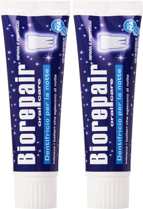 Biorepair: "Dentifricio per la Notte" (Intensive Night Repair) Toothpaste with microRepair * 2.5 Fluid Ounce (75ml) Tube (Pack of 2) * [ Italian I...