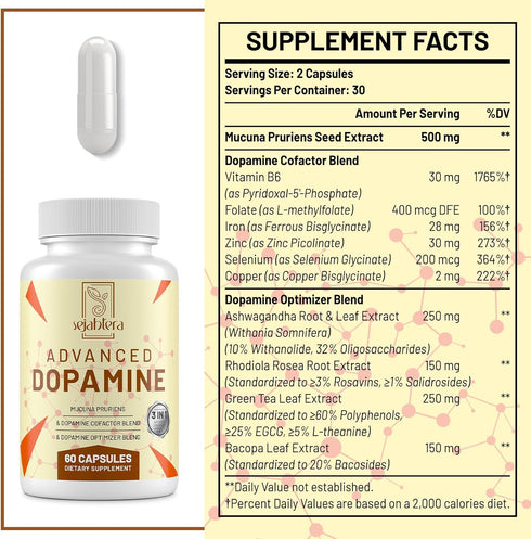 Dopamine Supplement-Mucuna Pruriens Seed Extract,Premium Vitamins, Minerals, and Natural Plant Extracts for Mental Drive, Clarity, Focus-60 Capsul...