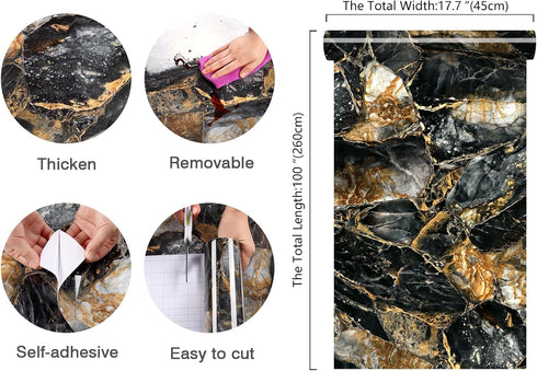 17.7''x100'' Slate Gold Glossy Marble Contact Paper for Countertops Waterproof Peel and Stick Countertops for Kitchen Self Adhesive Removable Viny...