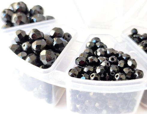 Set of Czech Glass Fire Polished Beads in Jet Black Color for Making Jewelry and Crafts - Different Sizes 3 mm, 4 mm, 6 mm, 8 mm. Total 275 Pieces...