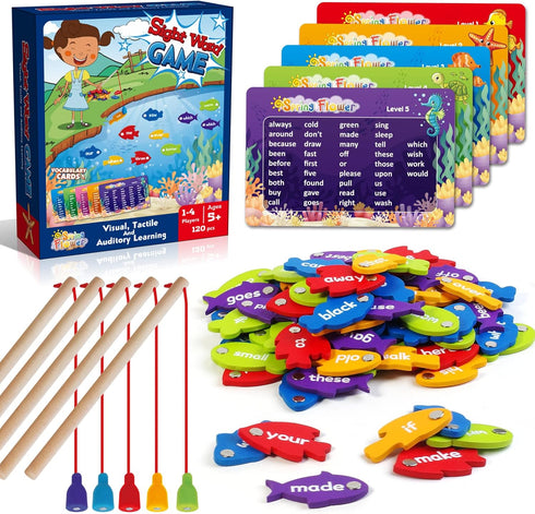 SpringFlower Wooden Magnetic Sight Word Fishing Game, Sight Word Educational Toy for Age of 3,4,5,6 Year Old Kids, Boys & Girls,Homeschool,Visual,...