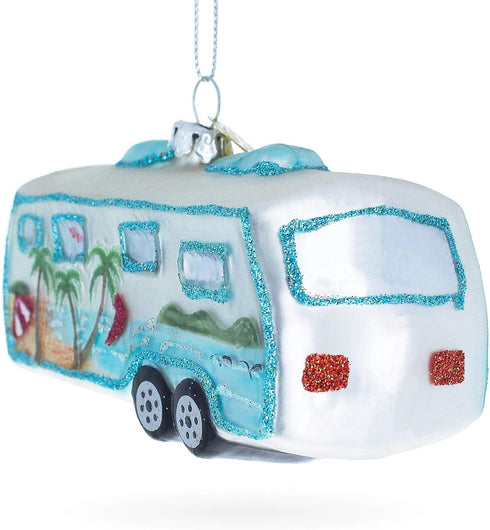 Silver Camper Trailer Glass Christmas Ornament...
