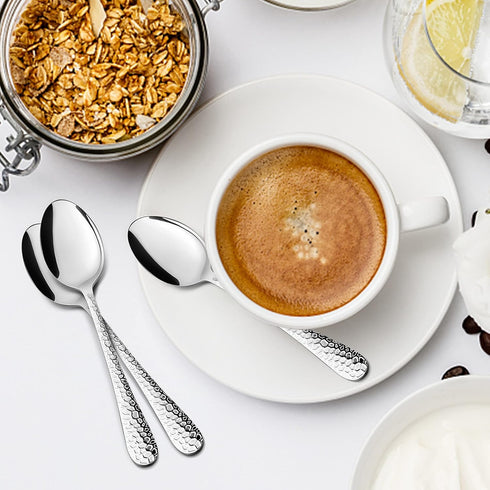 E-far 12-Piece Coffee Spoons, 6-Inch Stainless Steel Espresso Spoons, Small Metal Spoons for Coffee/Sugar/Tea, Hammered Design & Rust Free, Dishwa...