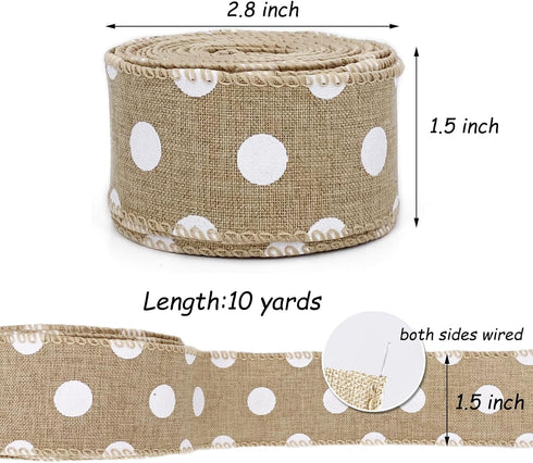 Burlap Ribbon Wired,1-1/2"x10 Yard,White Polka Dots Rustic Ribbon for Easter, Christmas, Wreath, Spring, Summer, Wedding, Baby Shower, Birthday...