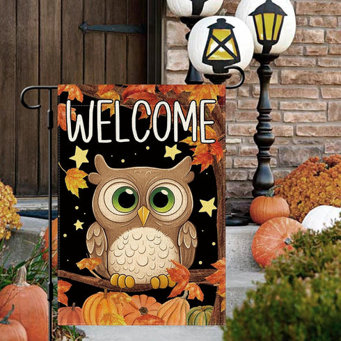 Welcome Fall Owl Garden Flag Autumn Owl Pumpkins Maple Leaves Flag 12×18 Inch Double Sided Vertical Burlap Farmhouse Yard Flag Thanksgiving Holida...