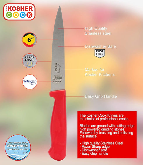 Meat Red Kitchen Knife – 6” Steak and Vegetable Knife - Razor Sharp Pointed Tip, Straight Edge - Color Coded Kitchen Tools...