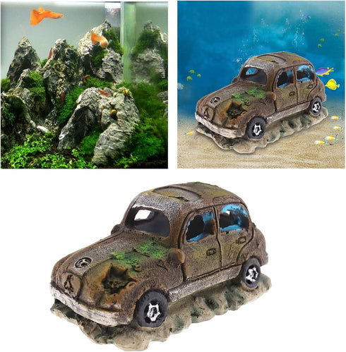 Create idea Aquarium Fish Tank Decor Ornament Resin Imitation Accident Car Landscape Terrarium Home Interior Decorating Accessories 12x7x7cm Brown...