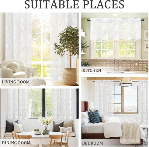 DWCN 2 Pack White Floral Lace Valances for Kitchen - Rod Pocket Half Window Sheer Curtains for Small Window Living Room Cafe, 42 x 18 inch, Lace W...